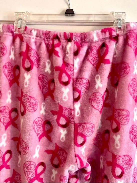 Pink Ribbon Plush Lounge Pants with Bow Waist Breast Cancer Awareness - Picture 2 of 6